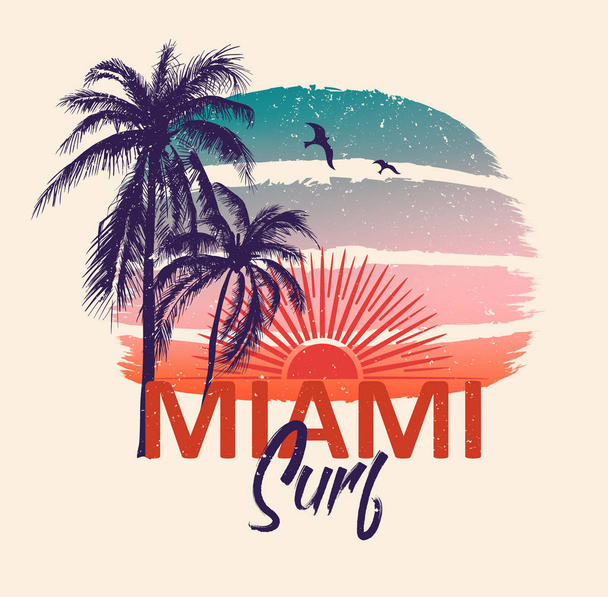 Майамі Surf. Барвистий плакат з пальмами і сонцем. Футболка прі - Вектор, зображення