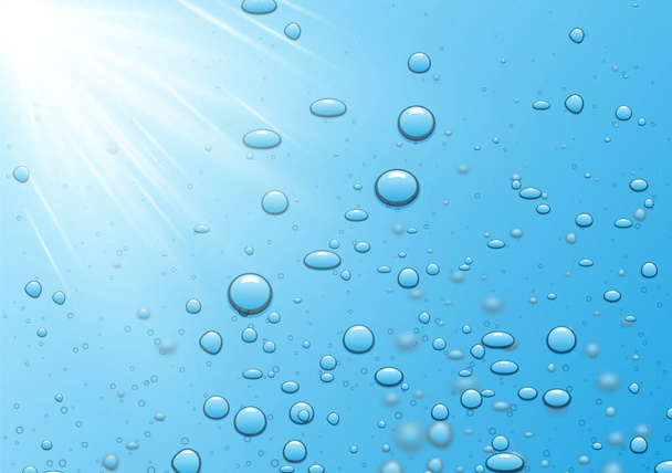 Blue water background with sunshine and realistic bubbles or dro - Vector, Image