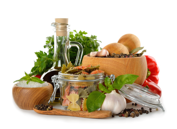 Pasta in a glass jar, spices and olive oil - Foto, immagini
