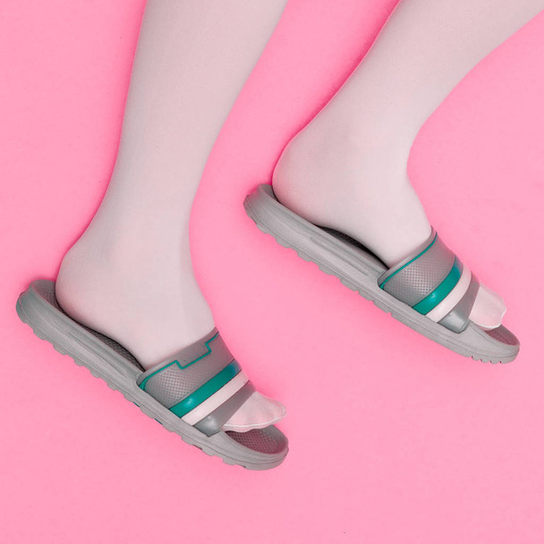 Flip-flop fashion shoes. Minimal flat lay art - 写真・画像