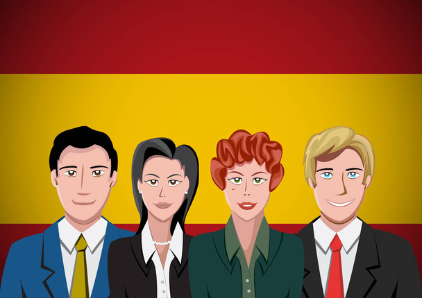 Povo espanhol, à frente da bandeira. Retrato de trabalho em equipe em plano
 - Vetor, Imagem
