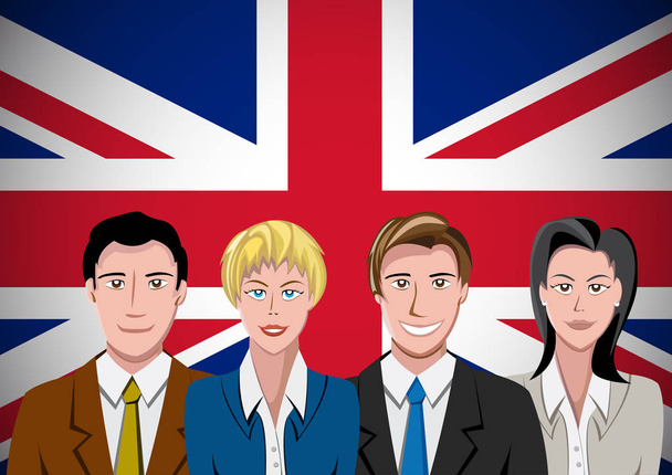 Británicos, por delante de la bandera. Retrato de trabajo en equipo en piso
 - Vector, Imagen