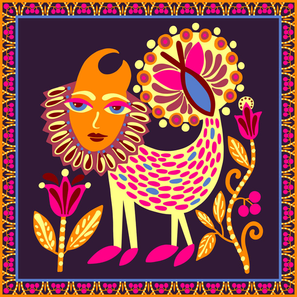 original ukrainian carpet design with fantasy animal and flowers, bright ethnic tribal pattern - Вектор,изображение