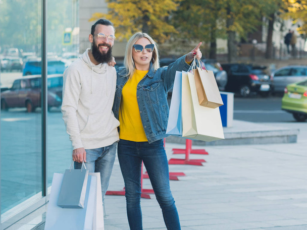 shopping tourism couple walking city center fall - Photo, Image