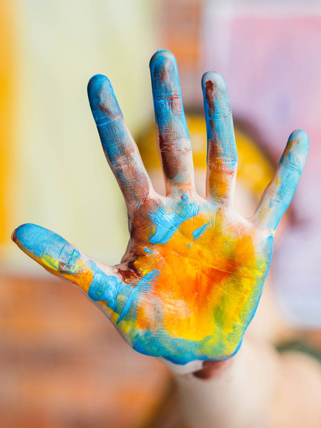 finger painting art trend blue yellow colored hand - Photo, image