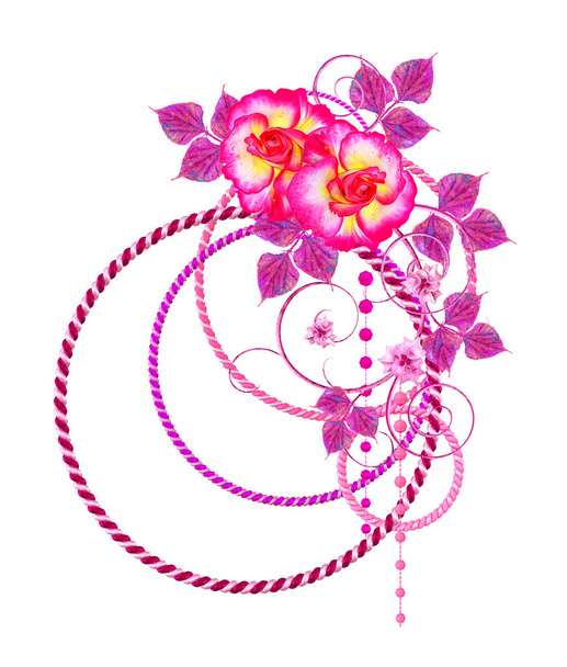 Silver, purple, shiny wicker circles of gold rope, chain jewelry, modern abstract stripes, floral arrangement of pink vintage roses - Φωτογραφία, εικόνα