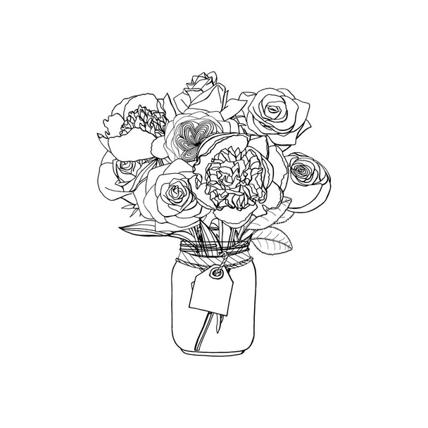Hand drawn doodle style bouquets of different flowers: peony, ro - Vector, Image