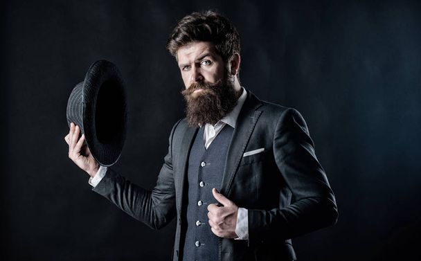 Secret shy. Male formal fashion. Detective in hat. Mature hipster with beard. brutal caucasian hipster with moustache. Bearded man gentleman. Businessman in suit. Royalty in his blood - Foto, Bild