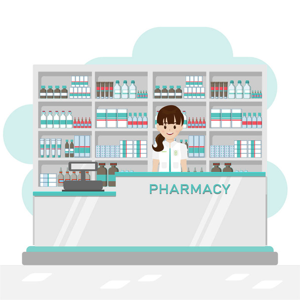 Interior de la farmacia con farmacéutico y cajero contador plano diseño ilustración vector
. - Vector, imagen