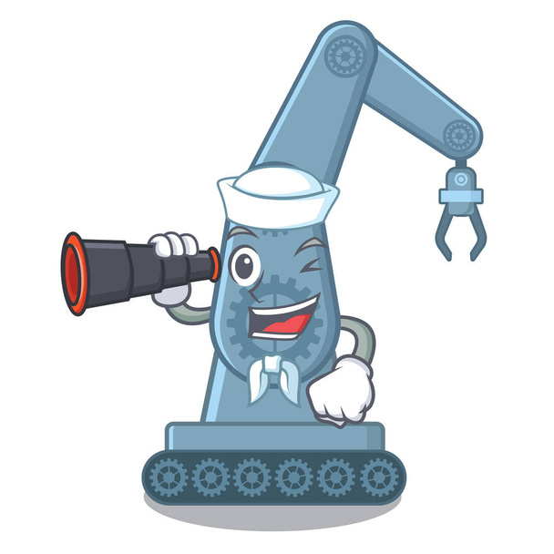 Sailor with binocular mechatronic robot arm above cartoon table - Вектор,изображение