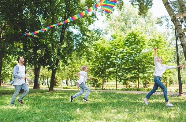 ενθουσιασμένοι οικογένεια τρέξιμο και παίζοντας με ιπτάμενο χαρταετό στο πάρκο κατά τη διάρκεια της ημέρας - Φωτογραφία, εικόνα