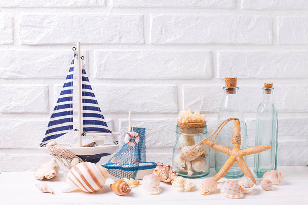 Summer sea or ocean vacation  decorations near by white brick wa - Photo, Image