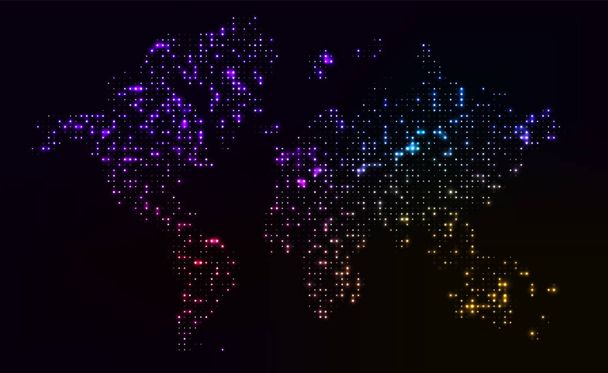 Глобальный анализ больших данных превратился в мрачную пунктирную карту мира. Мировое распространение современных коммуникаций и технологий
. - Вектор,изображение
