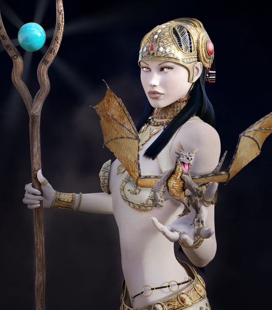 Belle guerrière fantasmée avec un dragon à la main et tenant un sceptre
 - Photo, image