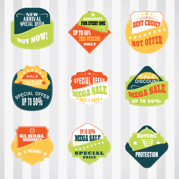 Vintage labels set for commerce and premium trade with stitching in pockets. Retro badges vector set for internet commerce with stitching in pockets. - Vector, Image