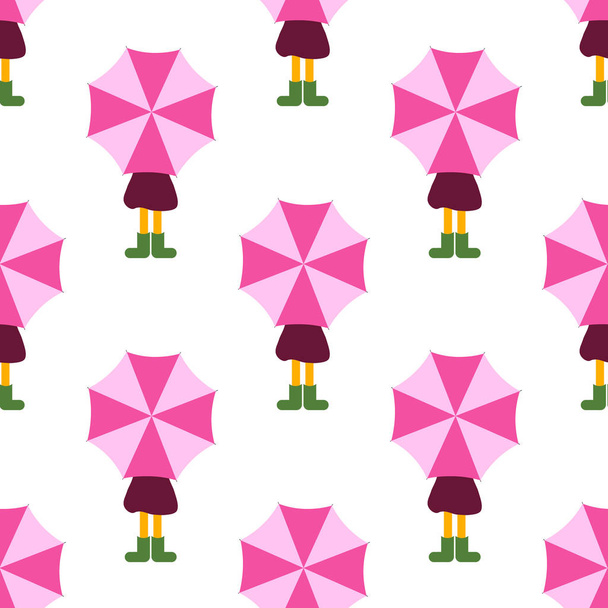 ピンクのレインコートを着た面白い女の子は明るい多色の傘を持っています。ベクトル漫画のutout子。紫色のレインコートと緑のゴムブーツと傘の下の女の子シームレスなパターン - ベクター画像