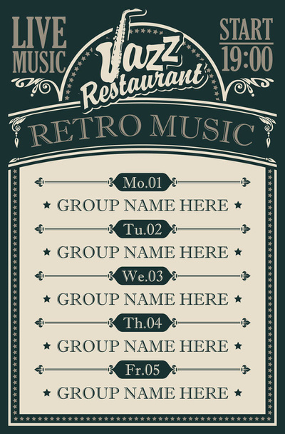 poster voor een jazz restaurant met retro muziek - Vector, afbeelding