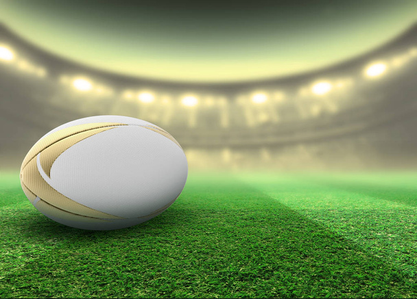 Estadio iluminado y pelota de rugby
 - Foto, Imagen