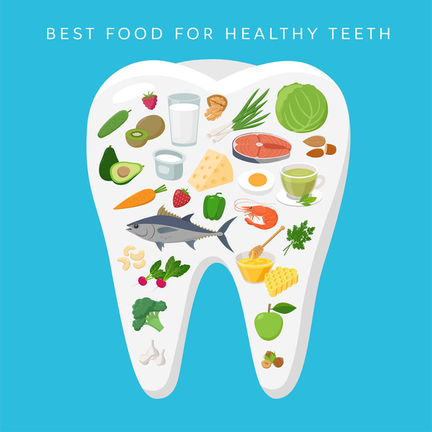 Nejlepší jídlo pro Helthy zubaté ilustrace v plochém designu. Zdravé potraviny umístěné na siluetě bílého zubu. - Vektor, obrázek