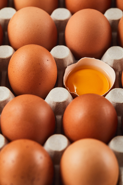 selective focus of broken eggshell with yellow yolk near eggs in carton box - Photo, Image