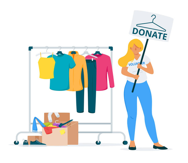 Mujer voluntaria recogiendo donaciones de ropa plana vector ilustración
 - Vector, imagen
