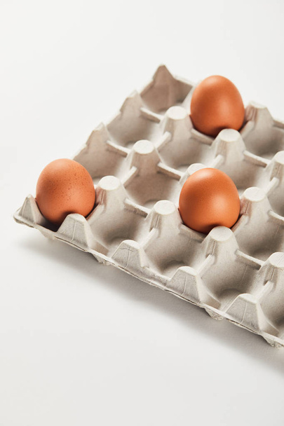 chicken eggs in carton box on white surface - Фото, изображение
