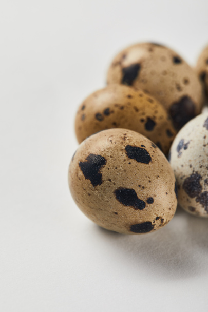 selective focus of quail eggs on white surface - Fotoğraf, Görsel