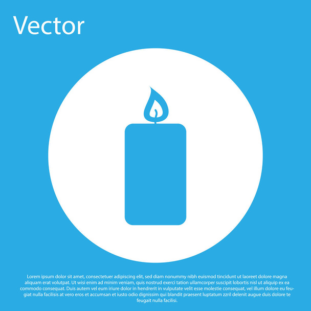 Blue Burning candle icon isolated on blue background. Old fashioned lit candle. Cylindrical aromatic candle stick with burning flame. White circle button. Flat design. Vector Illustration - Vector, Image