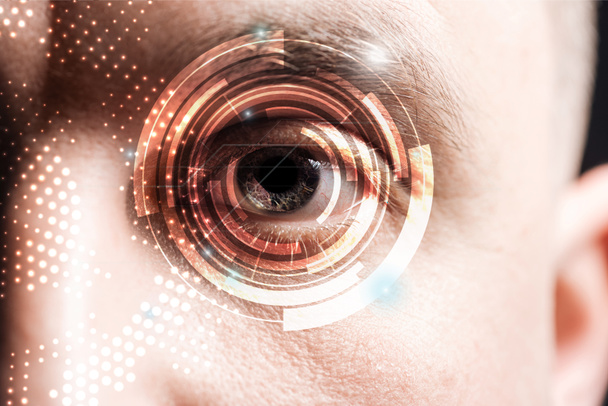 vista cercana del ojo humano con ilustración de datos, concepto robótico
 - Foto, Imagen