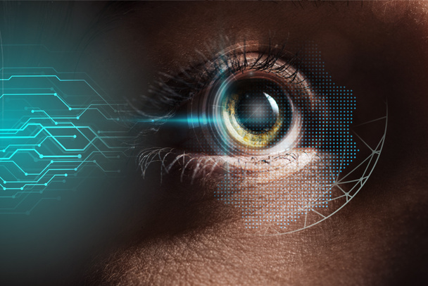 veri illüstrasyon, robotik kavram ile insan gözünün yakın görünümü - Fotoğraf, Görsel