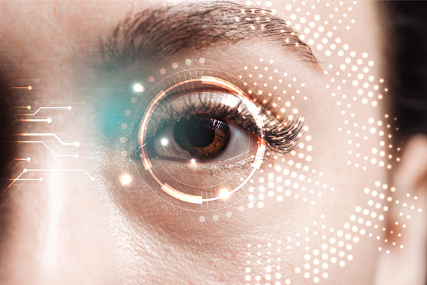 vue rapprochée de l'œil humain avec illustration de données, concept robotique
 - Photo, image