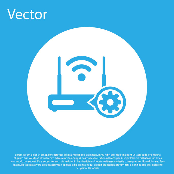 Blue Router and wi-fi signal and gear icon isolated on blue background. Adjusting app, service concept, setting options, maintenance, repair, fixing. White circle button. Vector Illustration - Vector, Image