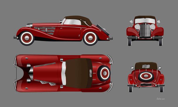 Punainen retro auto harmaalla taustalla. Vintage cabriolet realistiseen tyyliin. Edestä, sivulta, ylhäältä ja takaa. Teollinen eristetty suunnitelma. 3d auto
 - Vektori, kuva