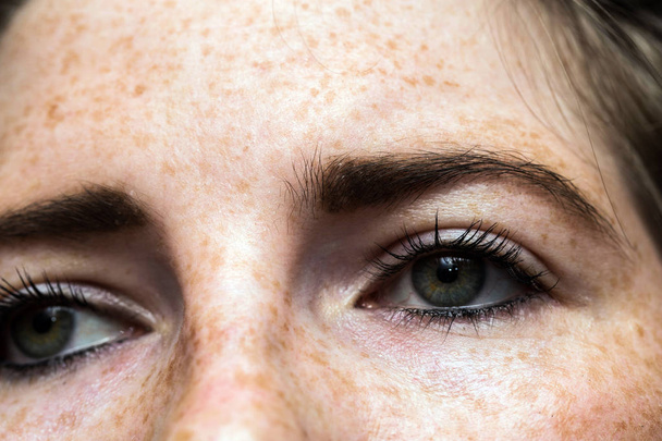 Глаза нос женщина портрет с веснушками крупным планом здоровой кожи
 - Фото, изображение