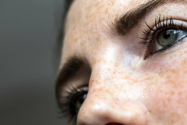 Eyes nose woman portrait with freckles close-up healthy skin - Fotó, kép