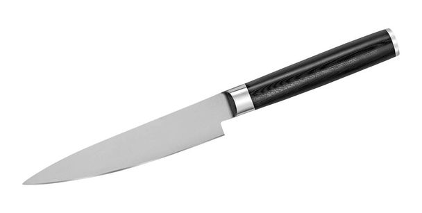 Coltello da bistecca in acciaio giapponese su sfondo bianco. Coltello da cucina isolato con percorso di ritaglio. Vista dall'alto
 - Foto, immagini