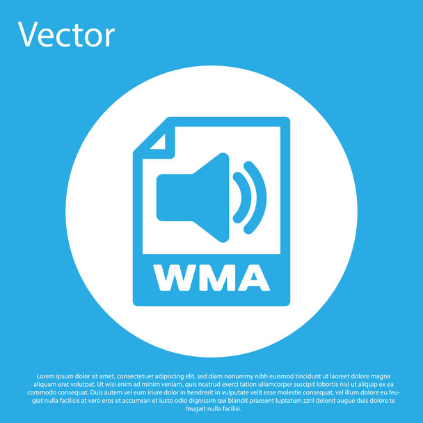 青いWmaファイル文書アイコン。青い背景に隔離されたwmaボタンアイコンをダウンロードしてください。Wma ファイルシンボル。Wma 音楽形式記号。白い円のボタン。ベクトルイラストレーション - ベクター画像