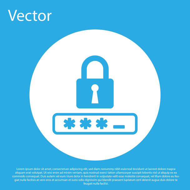 Kék jelszó védelem és biztonság belépés ikon elszigetelt-ra kék háttér. Lakatikon. Biztonság, biztonság, védelem, adatvédelmi koncepció. Fehér kör gomb. Vektoros illusztráció - Vektor, kép