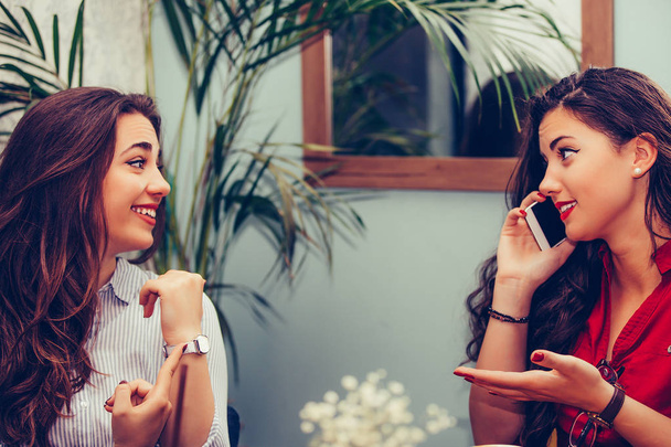 Twee jonge zakelijke vrouwen regelen een vergadering via een mobiele telefoon Wi - Foto, afbeelding