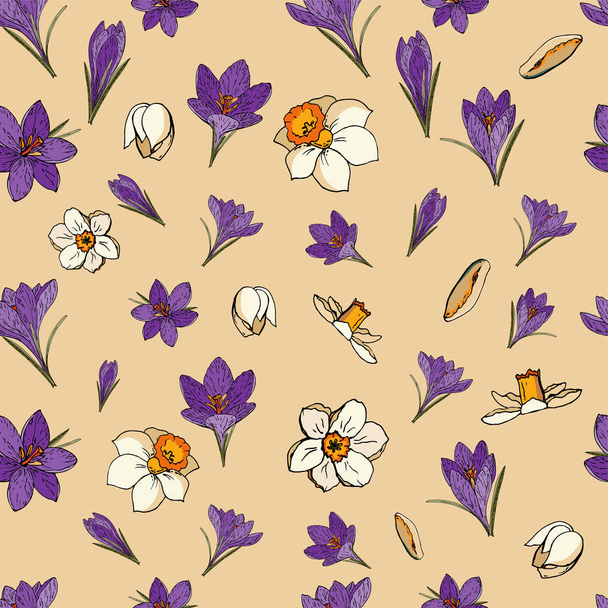 Vector floral seamless pattern with crocuses and daffodils  - Wektor, obraz