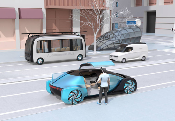 A modern városi közlekedési stílus színhelye. Használó emberek okostelefon kérésére egy kört megosztása, autonóm busz a buszmegállóból. Elektromos mikrobusz mozog az úton. Metróvonal közelében a kereszteződés. 3D-leképezési kép. - Fotó, kép