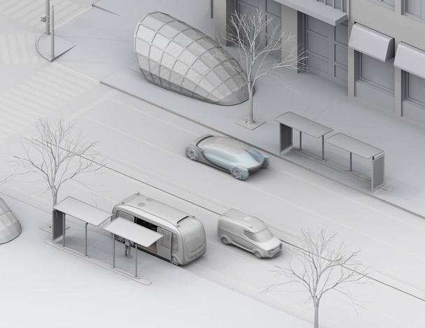 Изометрический вид. Оформление из глины автономных транспортных средств в современном городе. 3D рендеринг изображений
. - Фото, изображение
