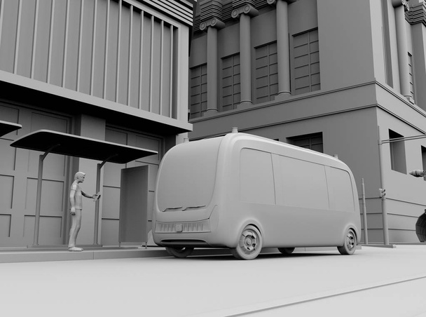 Clay rendering van een man met behulp van Smartphone om een rit delen zelfrijdende shuttlebus aan te vragen. 3D-beeldweergave.  - Foto, afbeelding