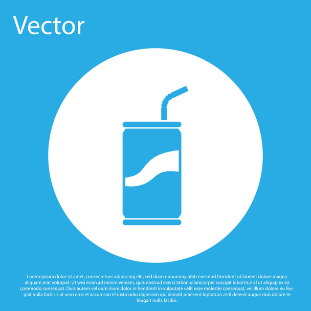 Blue Soda can with drinking straw icon isolated on blue background. White circle button. Vector Illustration - Vector, Image