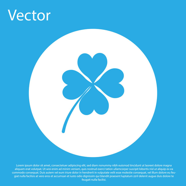 Blauwe vier Leaf Clover pictogram geïsoleerd op blauwe achtergrond. Happy Saint Patrick dag. Witte cirkel knop. Plat ontwerp. Vector illustratie - Vector, afbeelding
