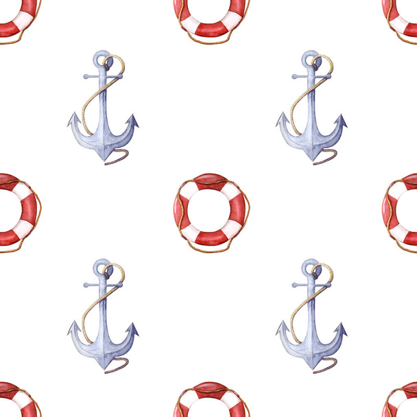 Watercolor pattern of life-ring and anchor. lifebuoy with rope and anchor with rope seamless pattern. - Fotoğraf, Görsel