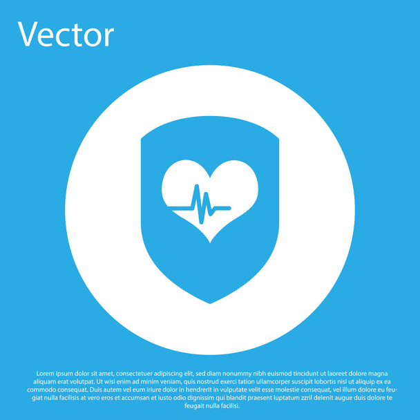 Modrý štít a ikona srdeční frekvence izolované na modrém pozadí. Koncepce ochrany zdraví. Zdravotní péče. Tlačítko Bílého kruhu. Plochý design. Vektorová ilustrace - Vektor, obrázek