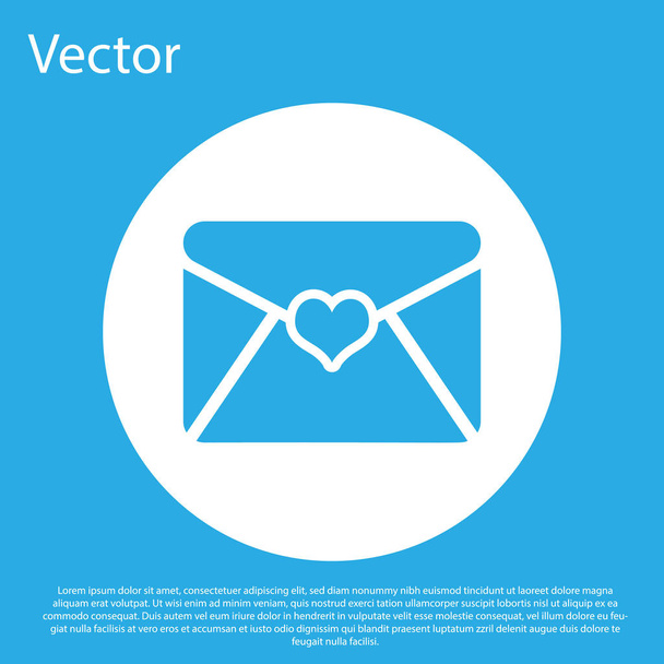 Sininen kirjekuori Valentine sydän kuvake eristetty sinisellä pohjalla. Kirje rakkautta ja romantiikkaa. Valkoinen ympyrä nappi. Tasainen muotoilu. Vektorikuvaus
 - Vektori, kuva