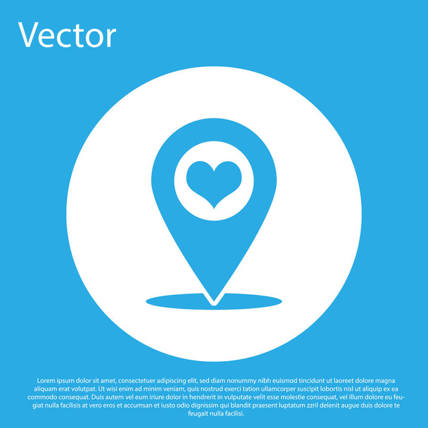 Ο δείκτης μπλε χάρτη με εικονίδιο καρδιάς απομονώνεται σε μπλε φόντο. Κουμπί λευκού κύκλου. Επίπεδη σχεδίαση. Απεικόνιση διανυσματικών φορέων - Διάνυσμα, εικόνα