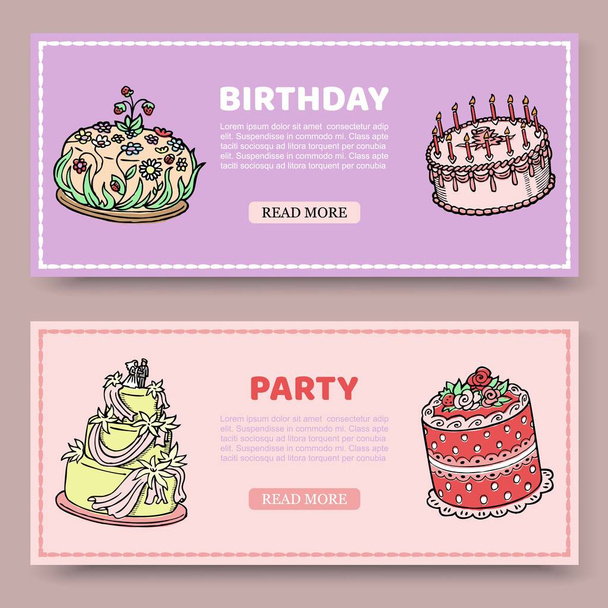 Birthday party or wedding anniversary vector set of banners with birthday cakes on lily and rose background. Pound cake invitation card or web template - Vector, Imagen